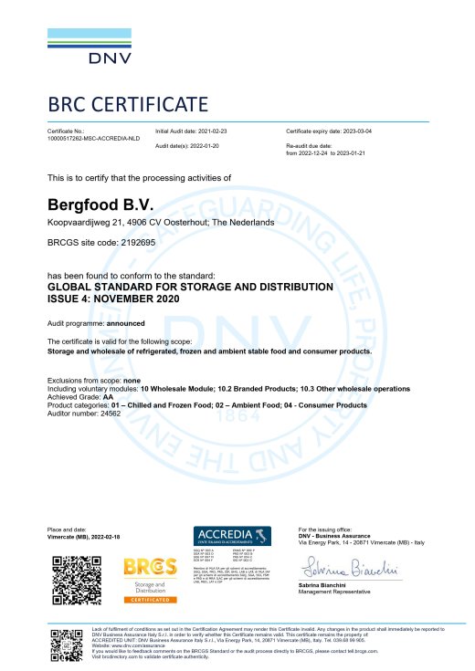 BRC Certificaat Bergfood EXP 04-03-2023